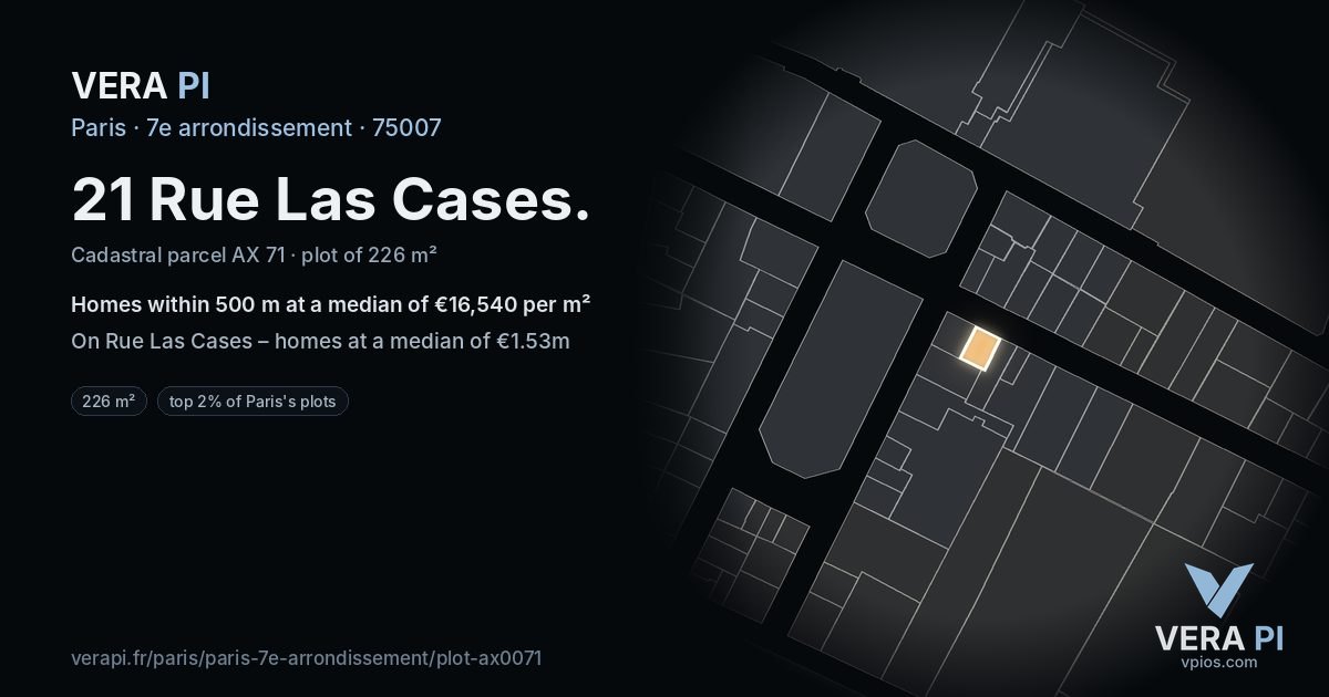 21 Rue Las Cases, 7e arrondissement at night – the plot lit, the parcels around coloured by the prices near them