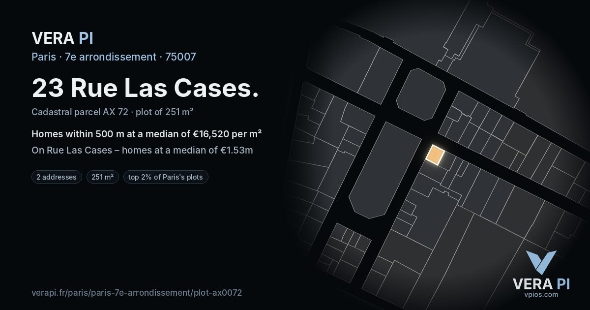 23 Rue Las Cases, 7e arrondissement at night – the plot lit, the parcels around coloured by the prices near them