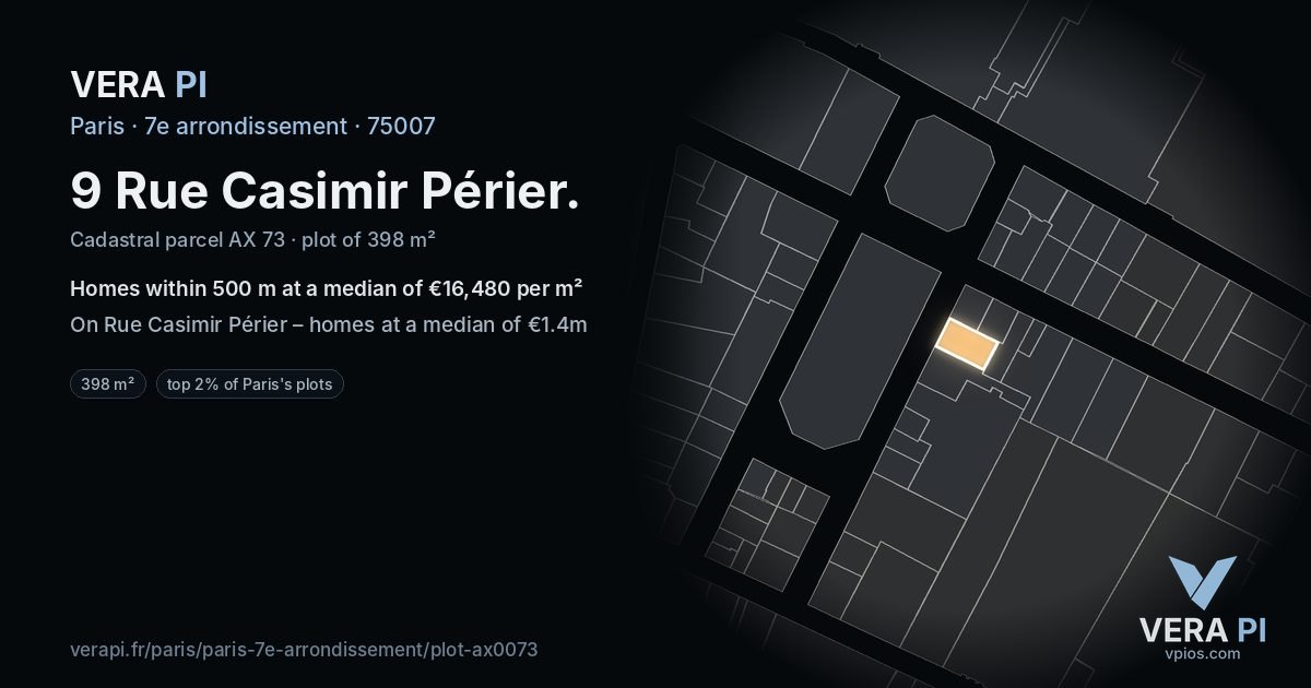 9 Rue Casimir Périer, 7e arrondissement at night – the plot lit, the parcels around coloured by the prices near them