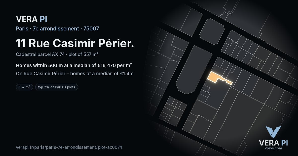 11 Rue Casimir Périer, 7e arrondissement at night – the plot lit, the parcels around coloured by the prices near them