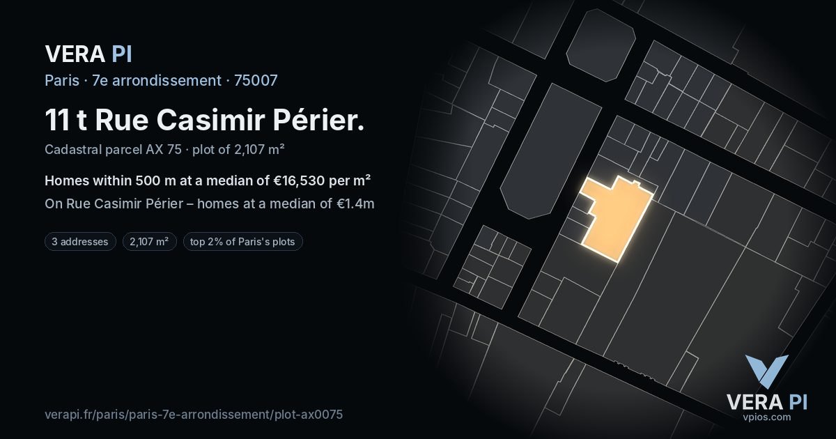 11 t Rue Casimir Périer, 7e arrondissement at night – the plot lit, the parcels around coloured by the prices near them