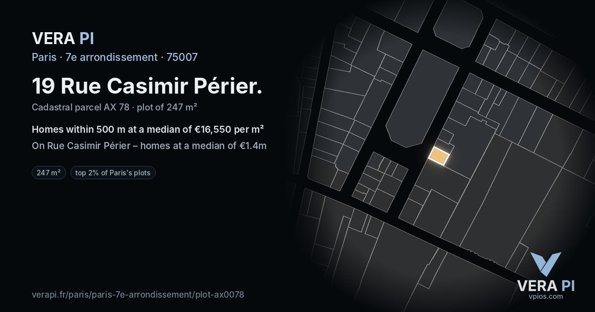 19 Rue Casimir Périer, 7e arrondissement at night – the plot lit, the parcels around coloured by the prices near them