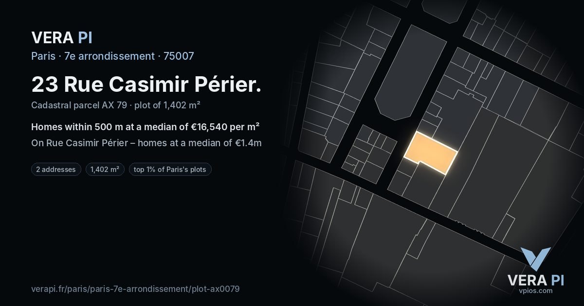 23 Rue Casimir Périer, 7e arrondissement at night – the plot lit, the parcels around coloured by the prices near them