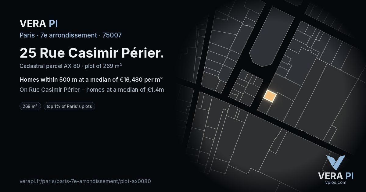 25 Rue Casimir Périer, 7e arrondissement at night – the plot lit, the parcels around coloured by the prices near them