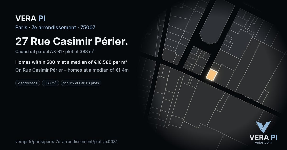27 Rue Casimir Périer, 7e arrondissement at night – the plot lit, the parcels around coloured by the prices near them