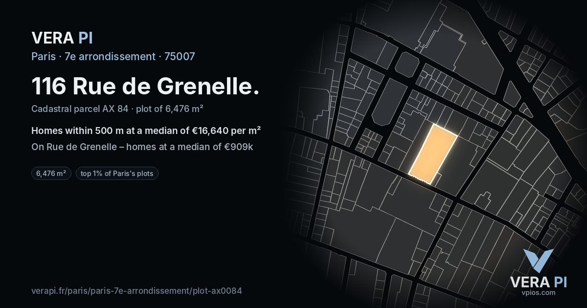 116 Rue de Grenelle, 7e arrondissement at night – the plot lit, the parcels around coloured by the prices near them