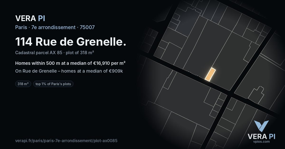114 Rue de Grenelle, 7e arrondissement at night – the plot lit, the parcels around coloured by the prices near them