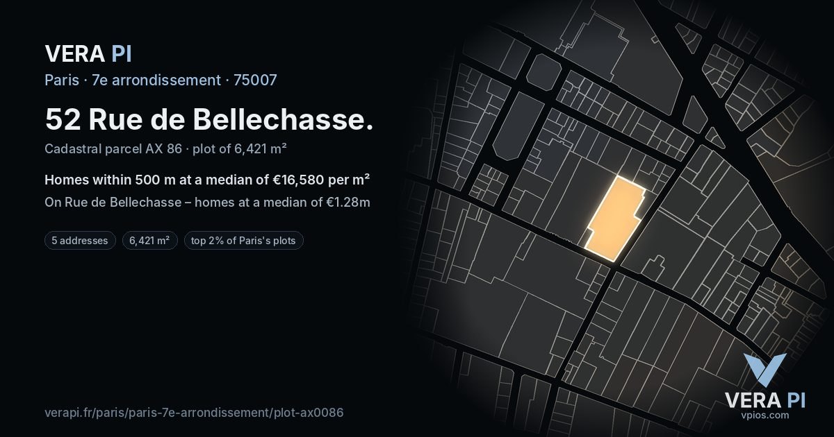 52 Rue de Bellechasse, 7e arrondissement at night – the plot lit, the parcels around coloured by the prices near them