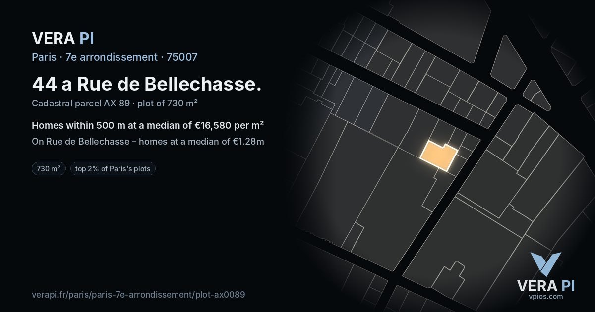 44 a Rue de Bellechasse, 7e arrondissement at night – the plot lit, the parcels around coloured by the prices near them