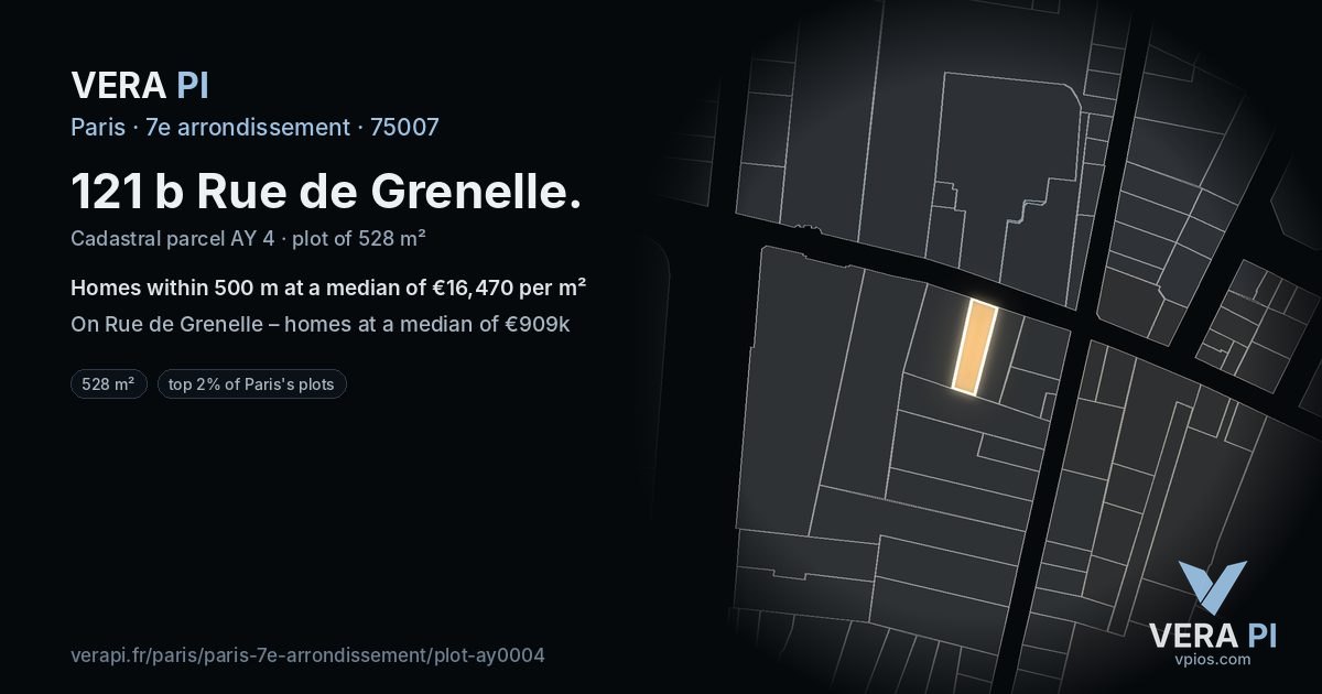 121 b Rue de Grenelle, 7e arrondissement at night – the plot lit, the parcels around coloured by the prices near them