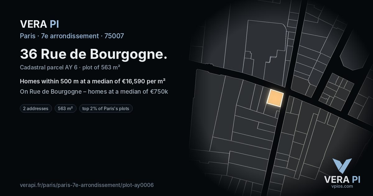 36 Rue de Bourgogne, 7e arrondissement at night – the plot lit, the parcels around coloured by the prices near them