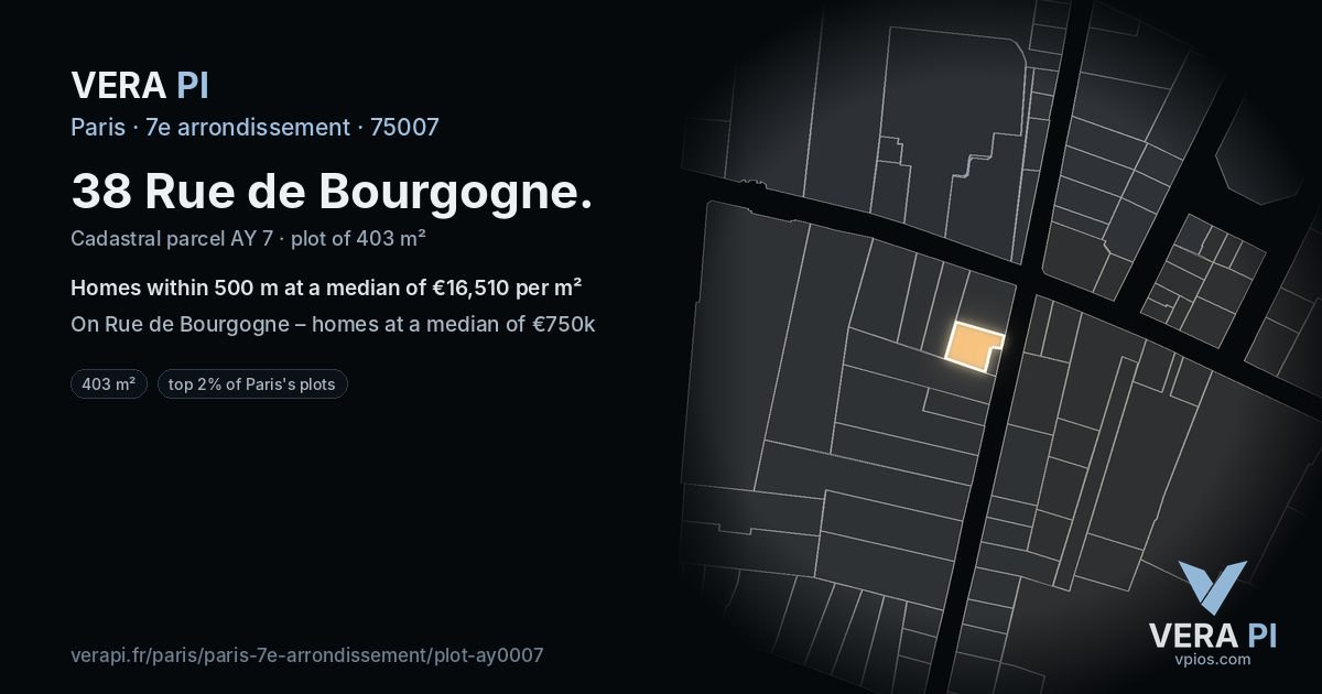 38 Rue de Bourgogne, 7e arrondissement at night – the plot lit, the parcels around coloured by the prices near them