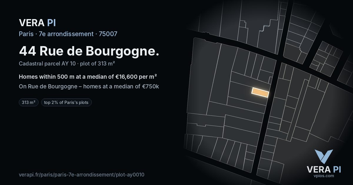 44 Rue de Bourgogne, 7e arrondissement at night – the plot lit, the parcels around coloured by the prices near them