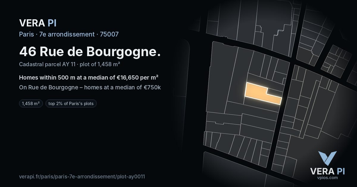 46 Rue de Bourgogne, 7e arrondissement at night – the plot lit, the parcels around coloured by the prices near them