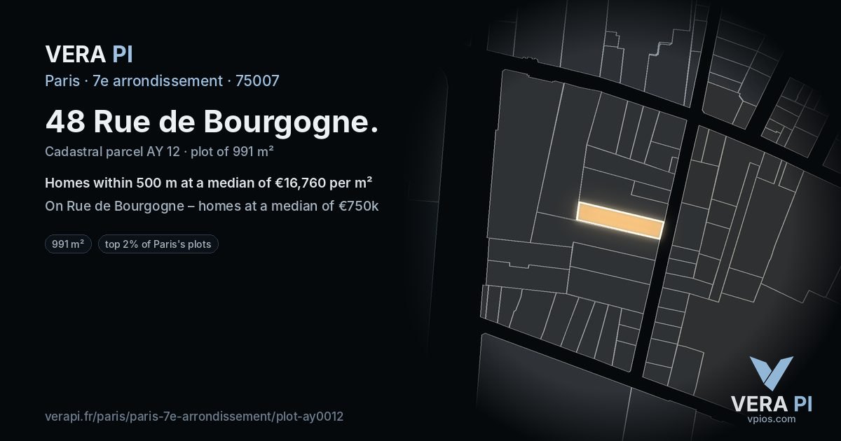 48 Rue de Bourgogne, 7e arrondissement at night – the plot lit, the parcels around coloured by the prices near them