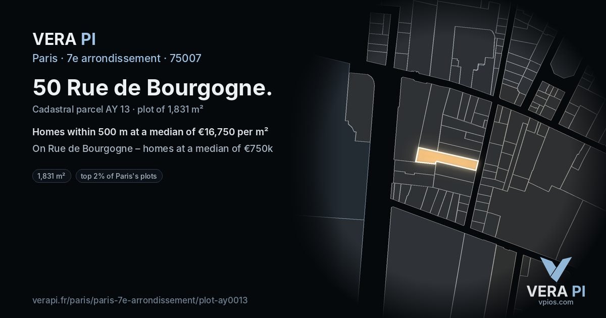 50 Rue de Bourgogne, 7e arrondissement at night – the plot lit, the parcels around coloured by the prices near them