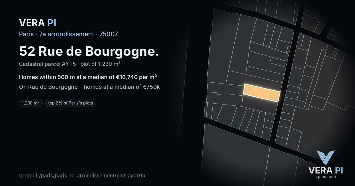 52 Rue de Bourgogne, 7e arrondissement at night – the plot lit, the parcels around coloured by the prices near them