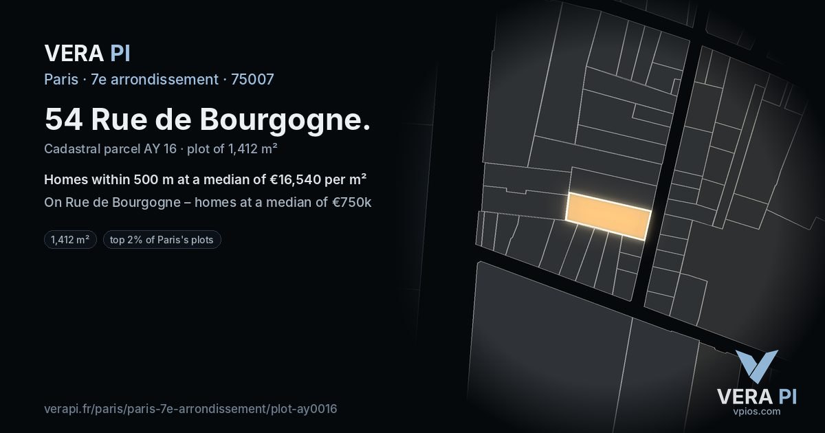 54 Rue de Bourgogne, 7e arrondissement at night – the plot lit, the parcels around coloured by the prices near them