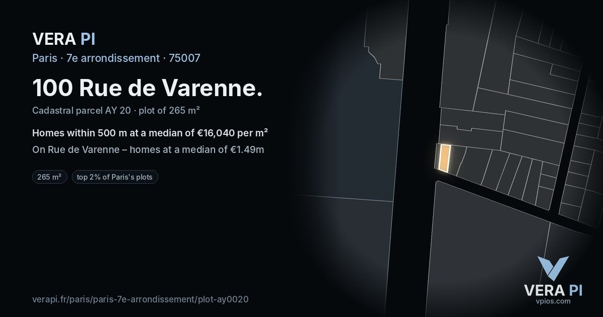 100 Rue de Varenne, 7e arrondissement at night – the plot lit, the parcels around coloured by the prices near them