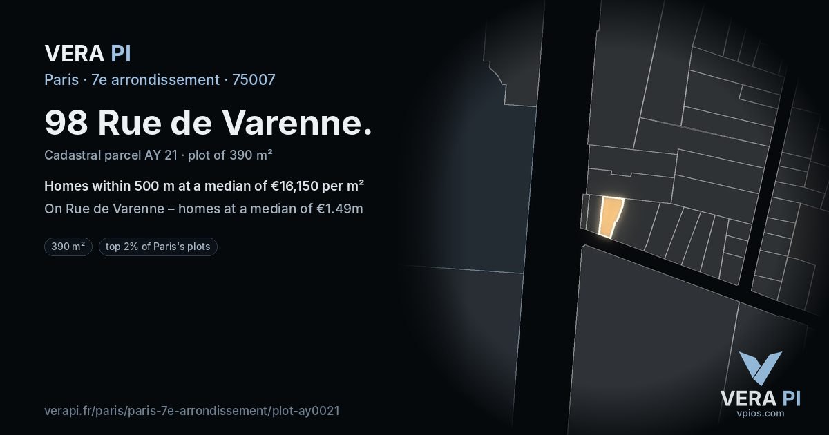 98 Rue de Varenne, 7e arrondissement at night – the plot lit, the parcels around coloured by the prices near them