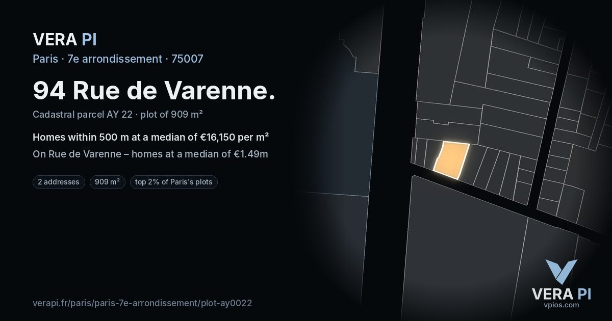 94 Rue de Varenne, 7e arrondissement at night – the plot lit, the parcels around coloured by the prices near them