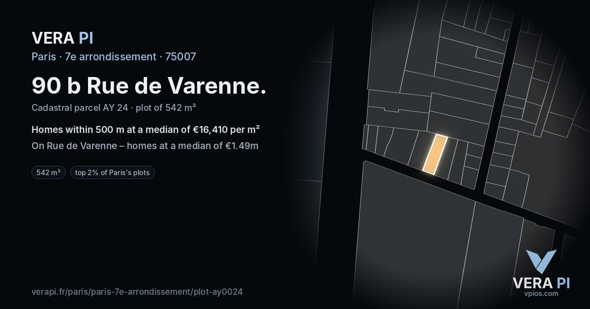 90 b Rue de Varenne, 7e arrondissement at night – the plot lit, the parcels around coloured by the prices near them