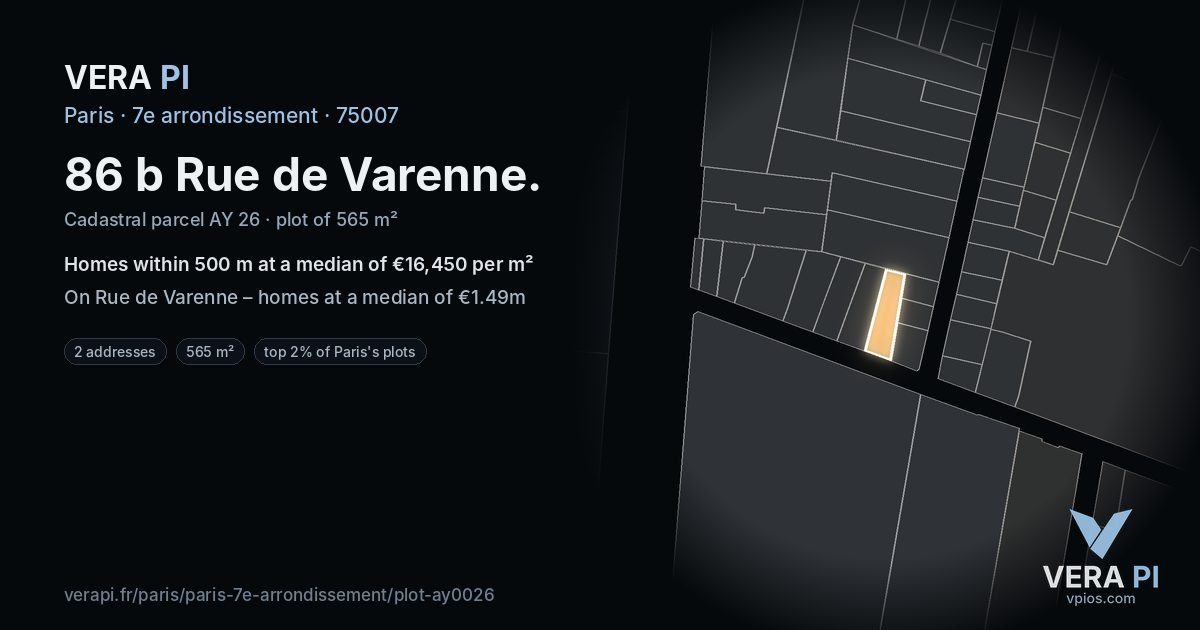 86 b Rue de Varenne, 7e arrondissement at night – the plot lit, the parcels around coloured by the prices near them