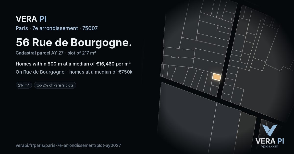 56 Rue de Bourgogne, 7e arrondissement at night – the plot lit, the parcels around coloured by the prices near them