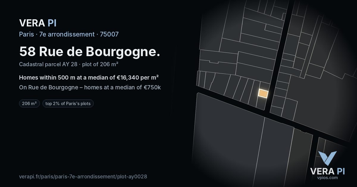 58 Rue de Bourgogne, 7e arrondissement at night – the plot lit, the parcels around coloured by the prices near them
