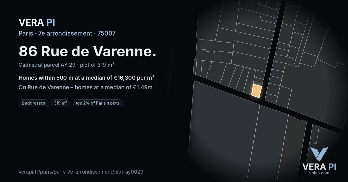 86 Rue de Varenne, 7e arrondissement at night – the plot lit, the parcels around coloured by the prices near them