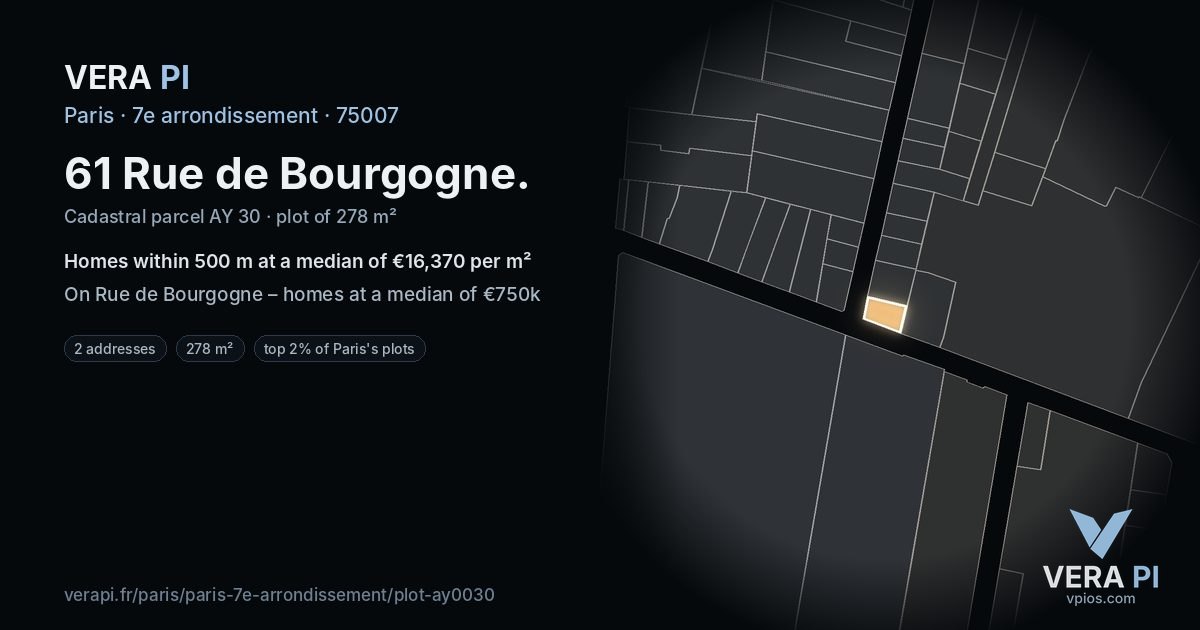 61 Rue de Bourgogne, 7e arrondissement at night – the plot lit, the parcels around coloured by the prices near them
