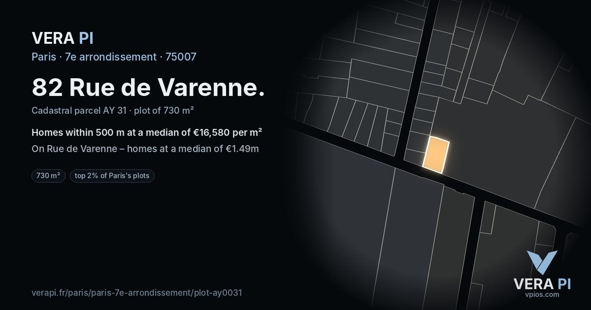 82 Rue de Varenne, 7e arrondissement at night – the plot lit, the parcels around coloured by the prices near them