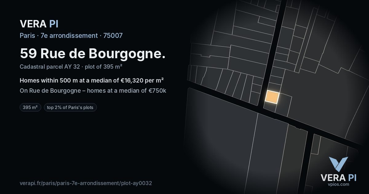 59 Rue de Bourgogne, 7e arrondissement at night – the plot lit, the parcels around coloured by the prices near them