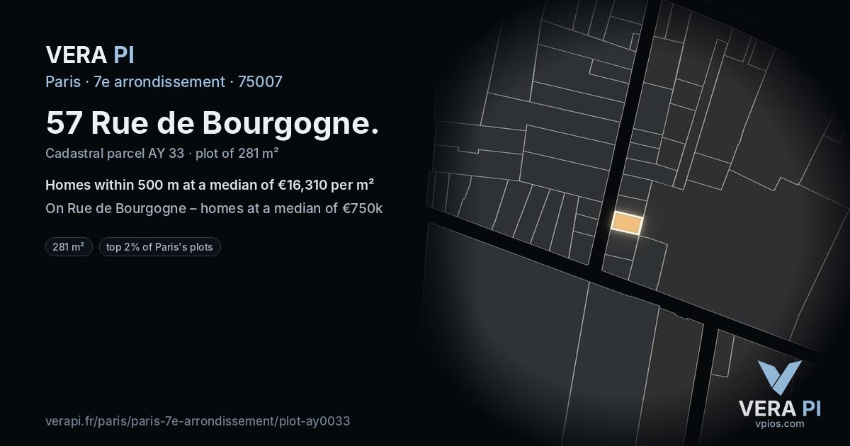 57 Rue de Bourgogne, 7e arrondissement at night – the plot lit, the parcels around coloured by the prices near them