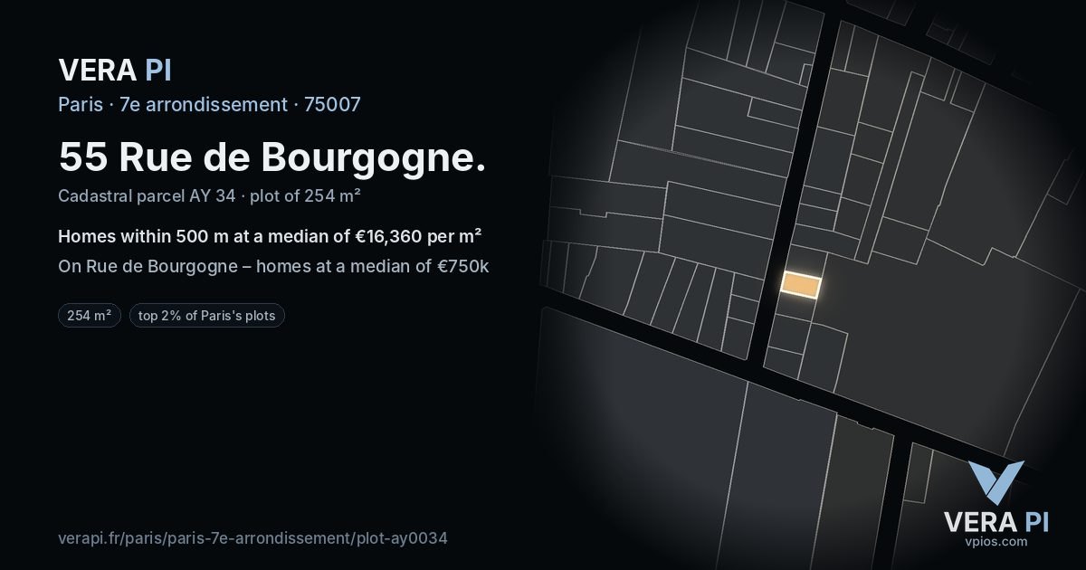 55 Rue de Bourgogne, 7e arrondissement at night – the plot lit, the parcels around coloured by the prices near them