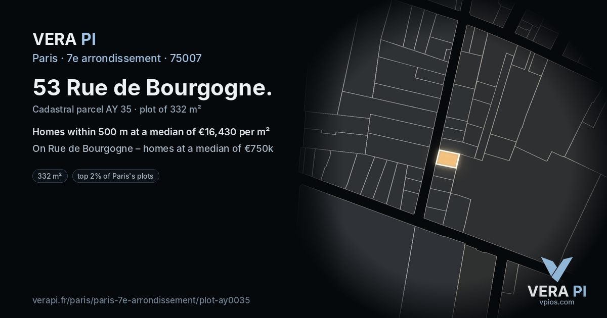 53 Rue de Bourgogne, 7e arrondissement at night – the plot lit, the parcels around coloured by the prices near them