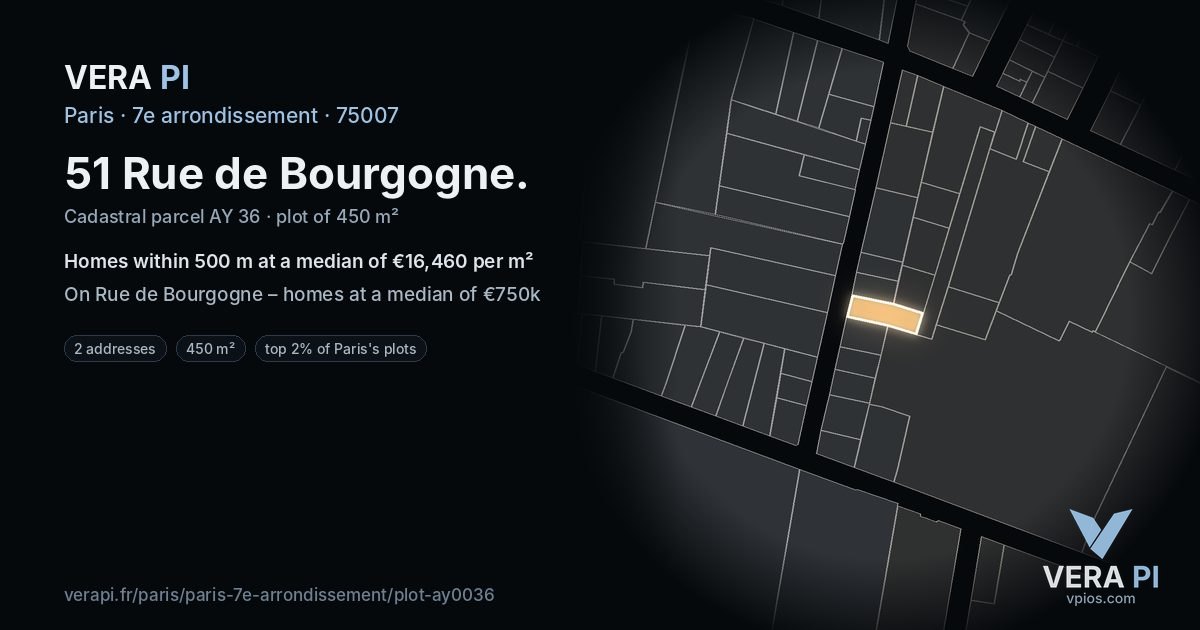 51 Rue de Bourgogne, 7e arrondissement at night – the plot lit, the parcels around coloured by the prices near them