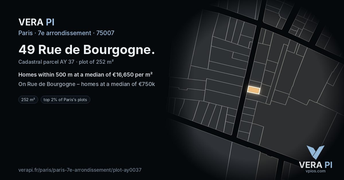 49 Rue de Bourgogne, 7e arrondissement at night – the plot lit, the parcels around coloured by the prices near them