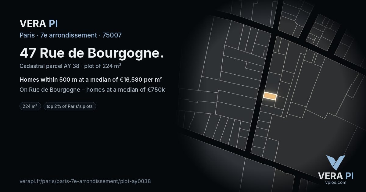 47 Rue de Bourgogne, 7e arrondissement at night – the plot lit, the parcels around coloured by the prices near them