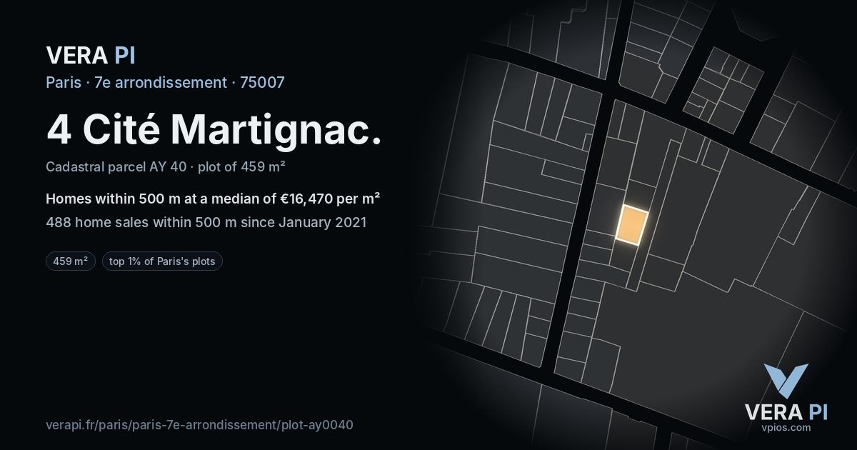 4 Cité Martignac, 7e arrondissement at night – the plot lit, the parcels around coloured by the prices near them