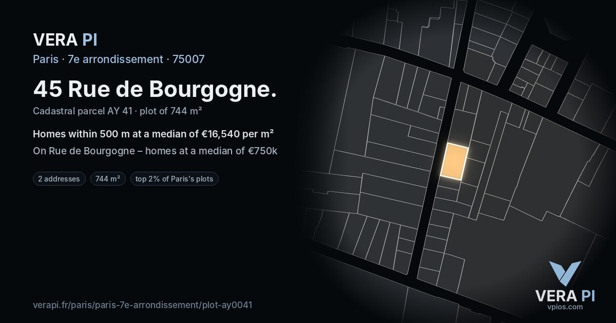 45 Rue de Bourgogne, 7e arrondissement at night – the plot lit, the parcels around coloured by the prices near them