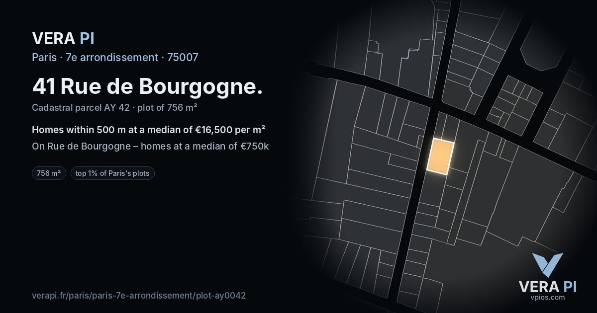 41 Rue de Bourgogne, 7e arrondissement at night – the plot lit, the parcels around coloured by the prices near them