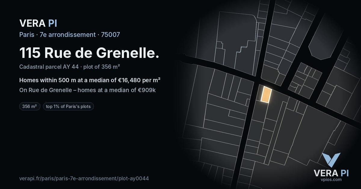 115 Rue de Grenelle, 7e arrondissement at night – the plot lit, the parcels around coloured by the prices near them