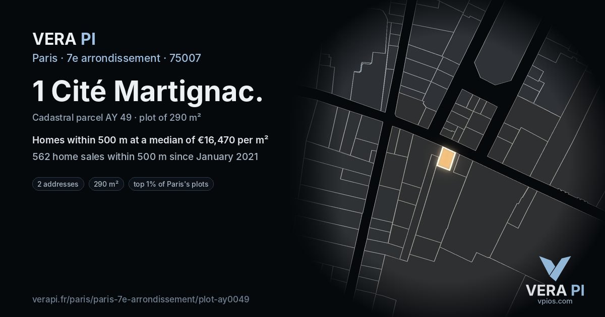 1 Cité Martignac, 7e arrondissement at night – the plot lit, the parcels around coloured by the prices near them