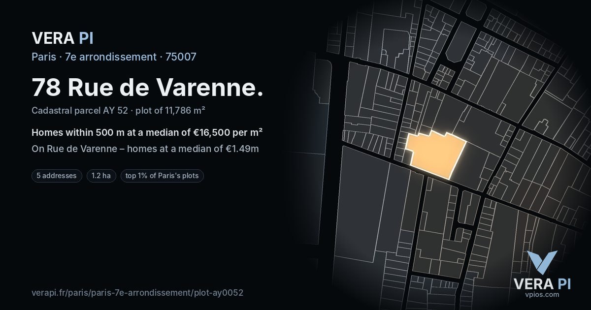 78 Rue de Varenne, 7e arrondissement at night – the plot lit, the parcels around coloured by the prices near them