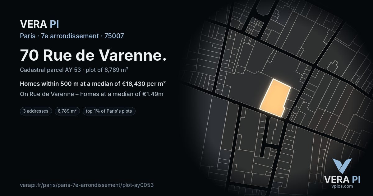 70 Rue de Varenne, 7e arrondissement at night – the plot lit, the parcels around coloured by the prices near them