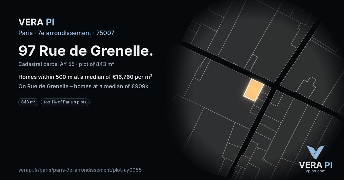 97 Rue de Grenelle, 7e arrondissement at night – the plot lit, the parcels around coloured by the prices near them