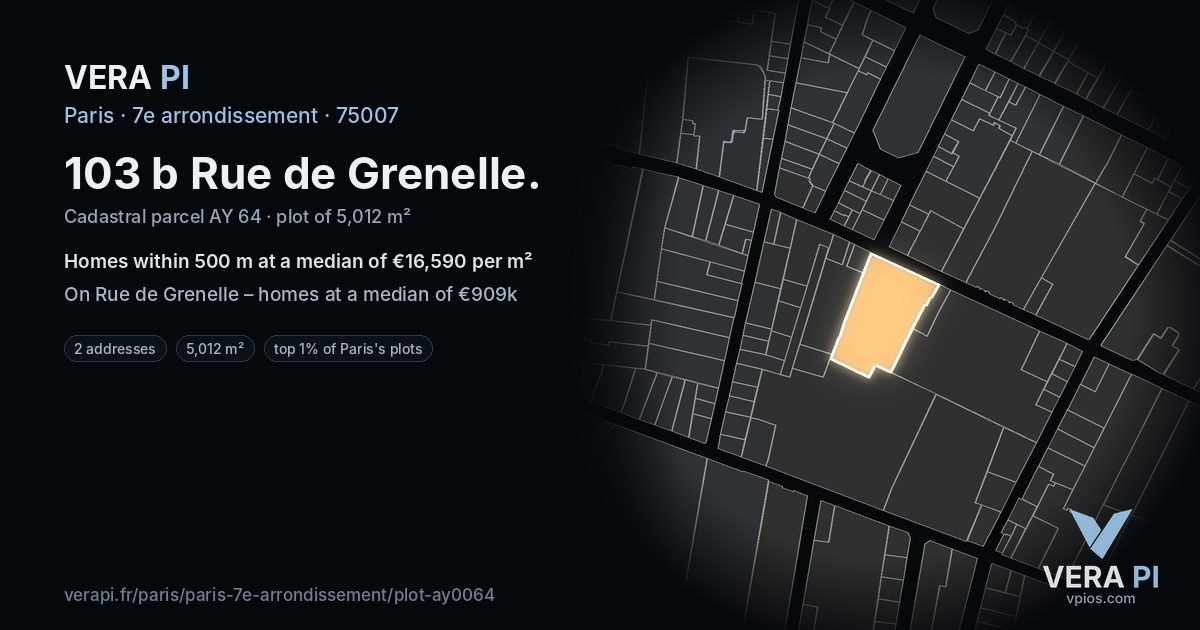 103 b Rue de Grenelle, 7e arrondissement at night – the plot lit, the parcels around coloured by the prices near them