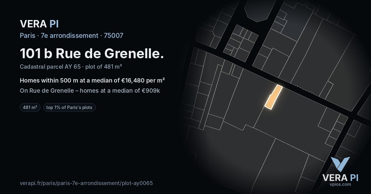 101 b Rue de Grenelle, 7e arrondissement at night – the plot lit, the parcels around coloured by the prices near them