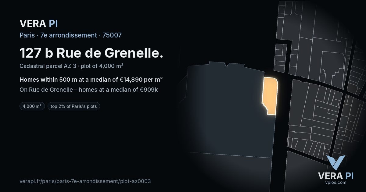127 b Rue de Grenelle, 7e arrondissement at night – the plot lit, the parcels around coloured by the prices near them